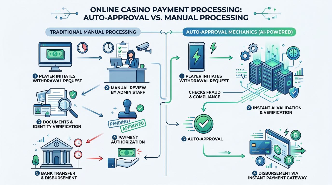 Infografika przedstawiająca różnicę między manualnym zatwierdzaniem a systemem Auto-Approval w kasynach online