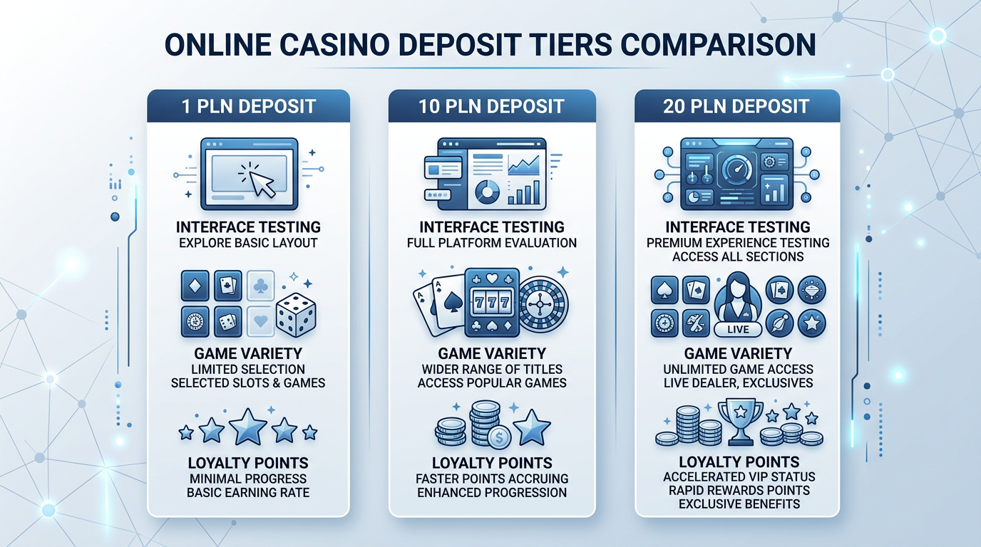 Infografika porównująca możliwości gracza przy niskich depozytach 1, 10 i 20 PLN w kasynach online