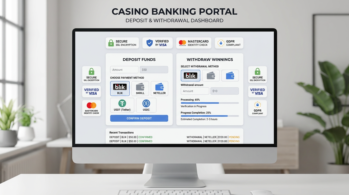 Interfejs cyfrowy pulpitu płatności kasyna online pokazujący bezpieczne metody depozytu i status transakcji