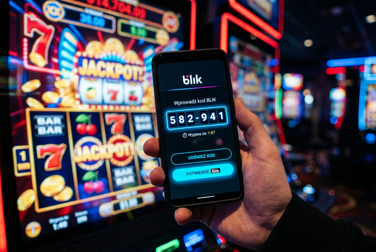 Smartfon wyświetlający kod BLIK na tle automatu do gry w kasynie